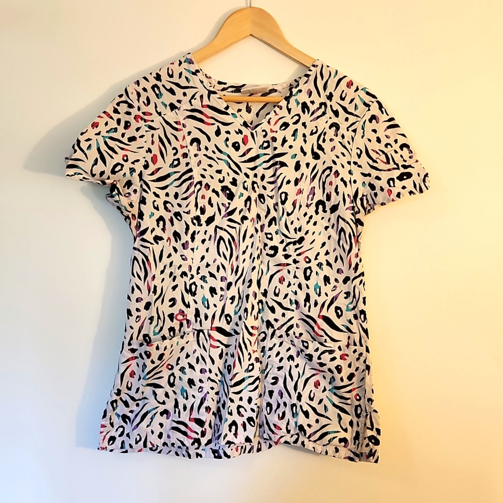 Pink Blue Purple Leopard Print Scrub Top